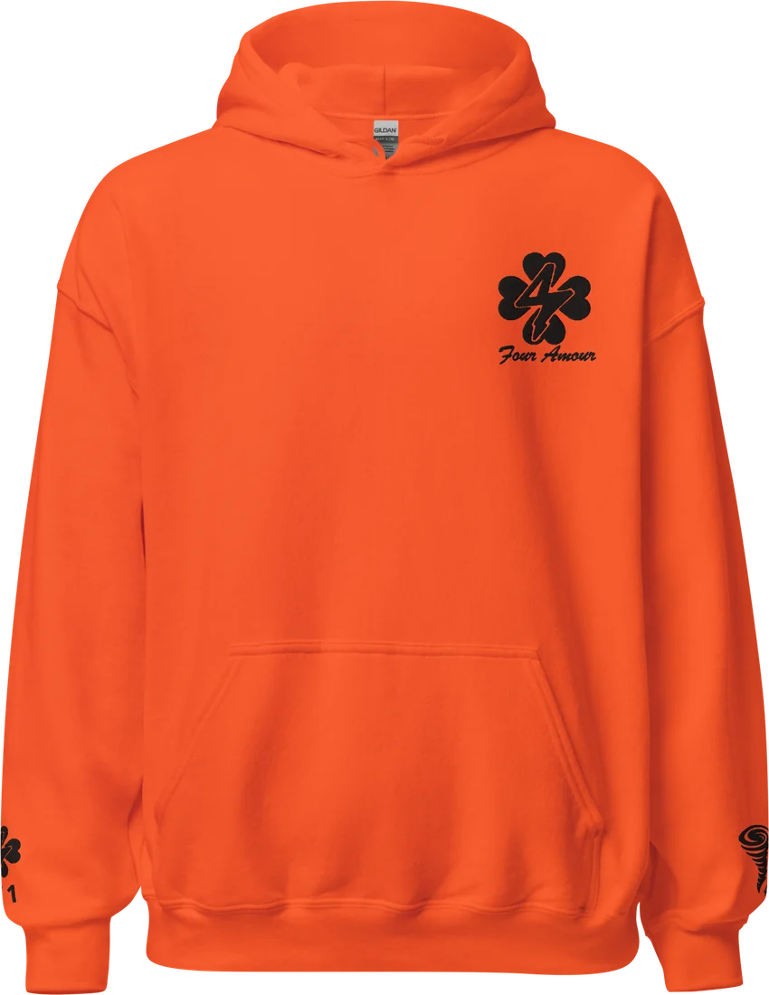 The Legacy Hoodie, Scholarship Edition, in orange: front view with the four-hearts logo on the chest