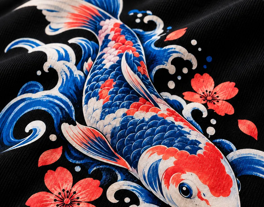 A detailed full-color koi fish print on black fabric