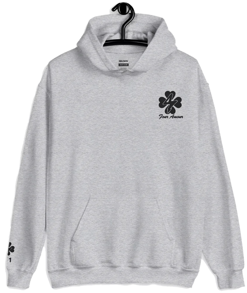Phase IV Hoodie in Concrete Calm gray: front view with the four-hearts logo on the chest