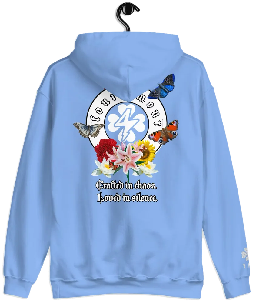 Phase IV Hoodie in Ether Blue: back view with the Crafted in chaos butterfly and flower print