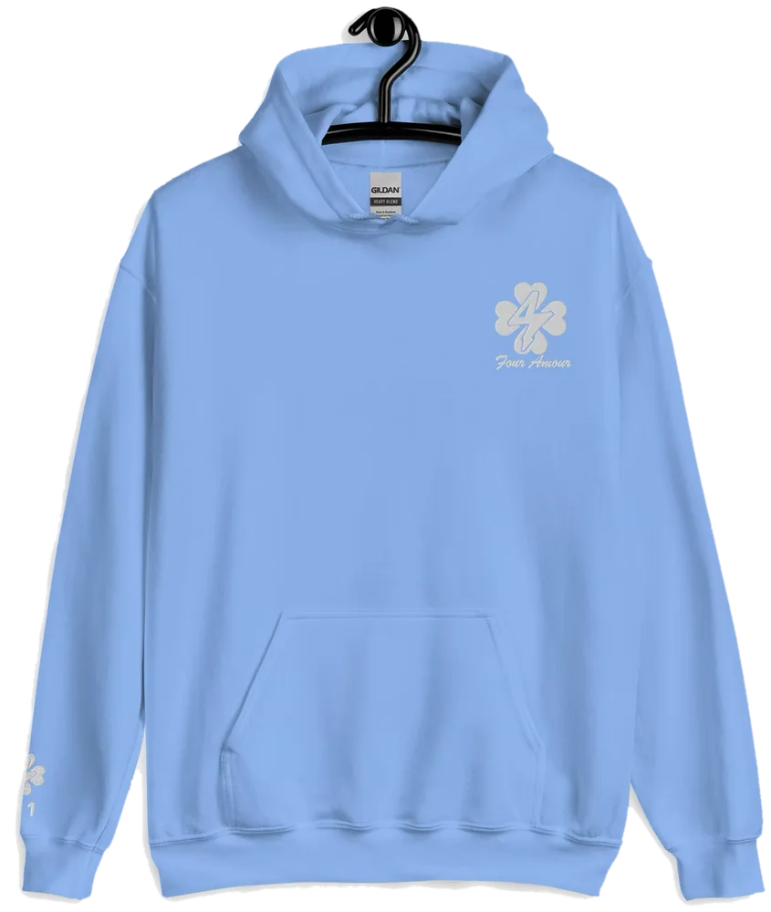 Phase IV Hoodie in Ether Blue: front view with the four-hearts logo on the chest
