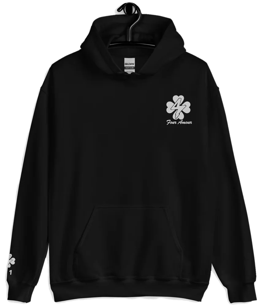 Phase IV Hoodie in Nightfall black: front view with the four-hearts logo on the chest