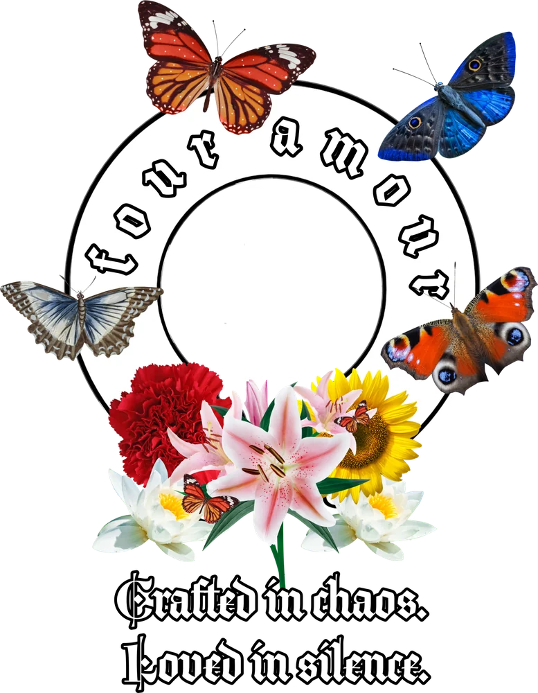 Back print artwork: the Four Amour four-hearts emblem ringed by butterflies above a bouquet, with the words Crafted in chaos. Loved in silence.